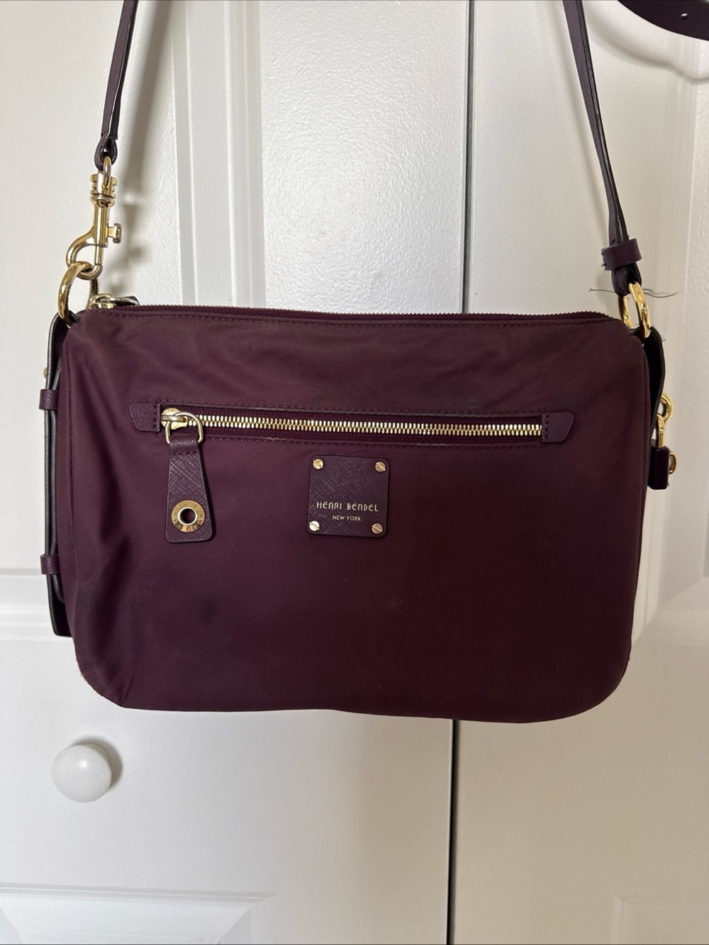 Henri Bendel Nylon Saffiano Accent Jetsetter Shoulder Crossbody Bag Maroon Plum